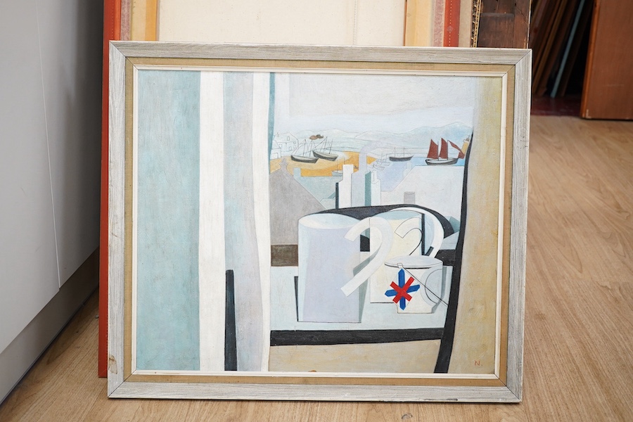 A decorative oil on board, Still life before a coastal view, 50 x 60cm. Condition - good